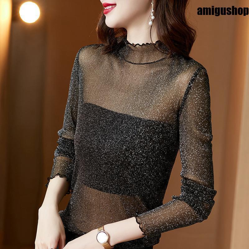 カットソー レディース 女性 大きいサイズ トップス 婦人服 ハイネック 長袖 ラメ 薄手 シースルー 透け感 メロウ フリル シアー レイヤード イ