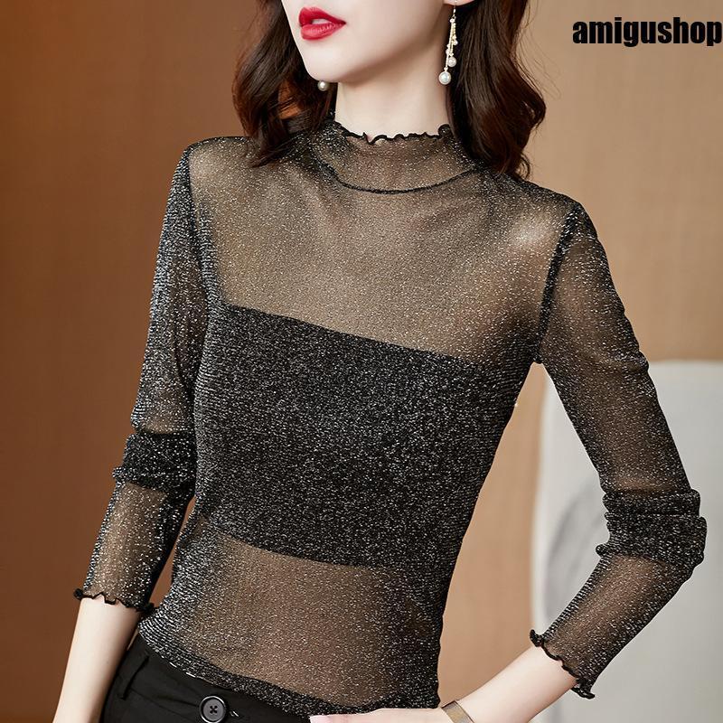 カットソー レディース 女性 大きいサイズ トップス 婦人服 ハイネック 長袖 ラメ 薄手 シースルー 透け感 メロウ フリル シアー レイヤード イ