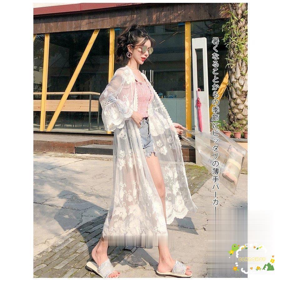 花柄レース カーディガン ロング 薄手 透け 総レース 前開き 夏 UVカット 紫外線対策 海 プール 水着 羽織 アウター レースガウン 海 プール レイヤード