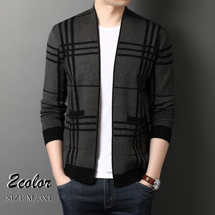 ニット カーディガン メンズ 秋冬 トップス 長袖セーター チェック柄ニットカーディガン ショート丈ニットアウター スリム ニットソー 40代 通勤 ビジネス