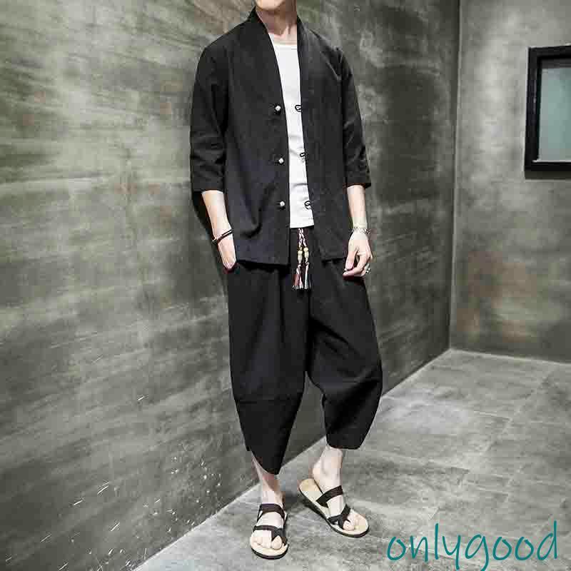 2021新作 セットアップ メンズ チャイナ服 リネンジャージ 七分袖 シャツ 上下2点セット スウェットセット サルエルパンツ ゆったり 春夏秋