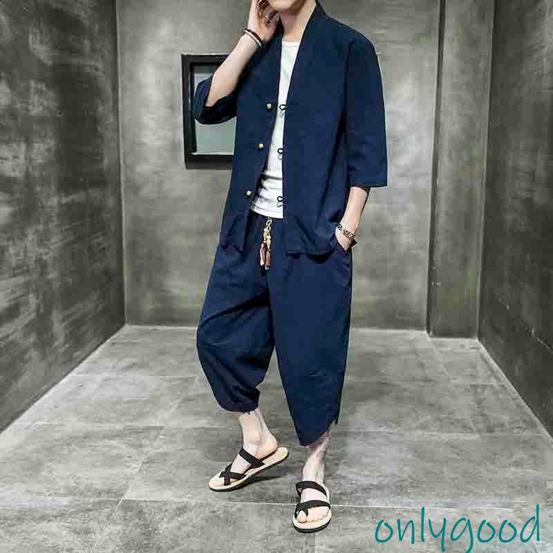 2021新作 セットアップ メンズ チャイナ服 リネンジャージ 七分袖 シャツ 上下2点セット スウェットセット サルエルパンツ ゆったり 春夏秋