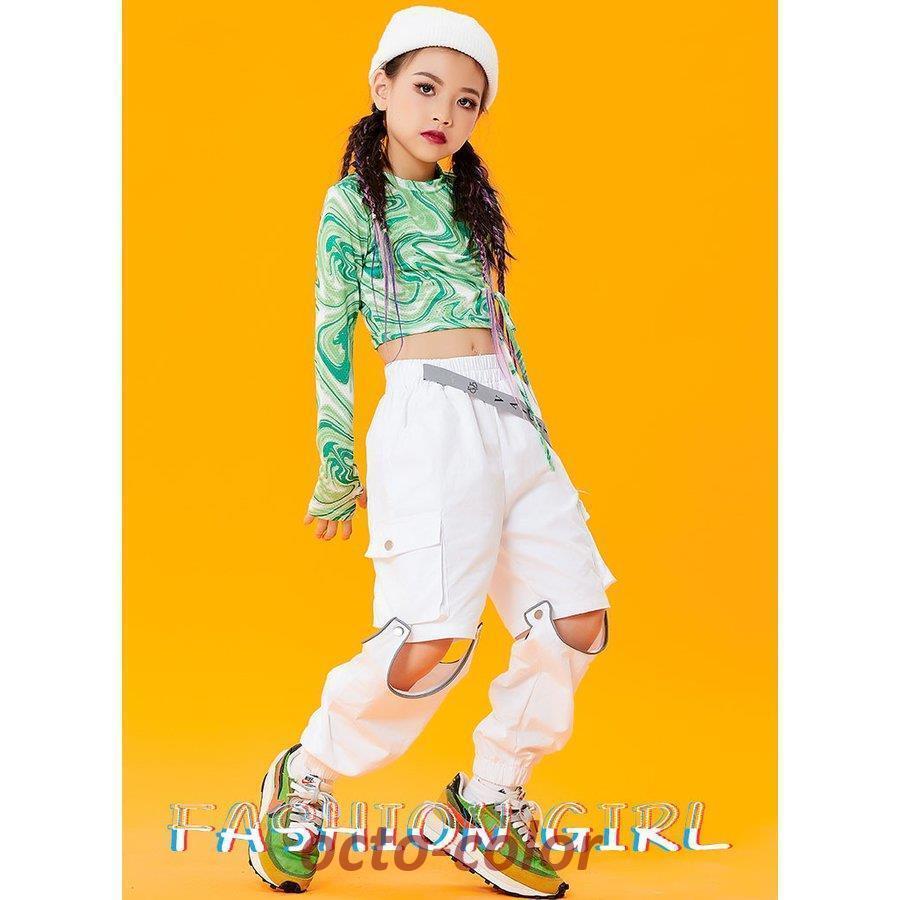 キッズ ダンス衣装 へそ出し シャツ 花柄 パンツ 白 ヒップホップ チアガール かっこいい カーゴパンツ 女の子 ジャズダンス ステージ衣装 子供 120-170cm