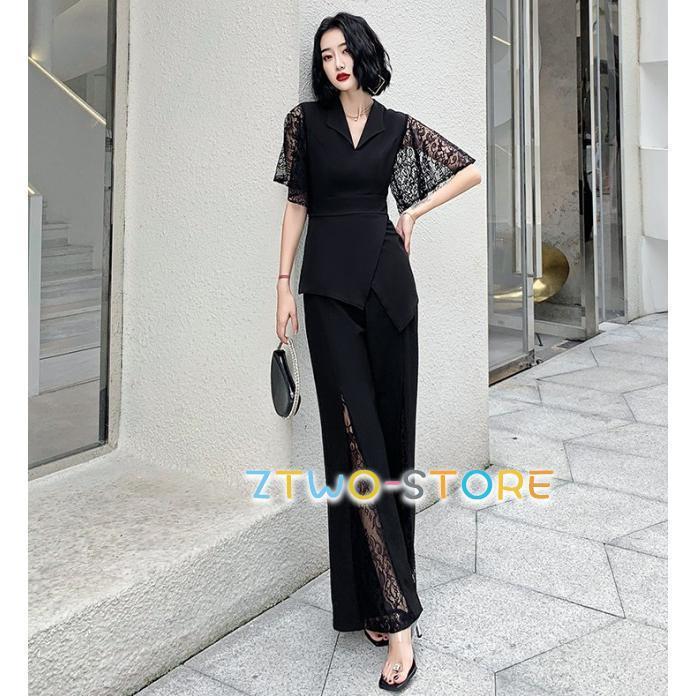 パンツドレス かっこいい パーティードレス 結婚式 お呼ばれドレス パンツ ジャンプスーツ 半袖 袖あり レース袖 黒 大きいサイズ 3L 4L 小さいサイズ 韓国