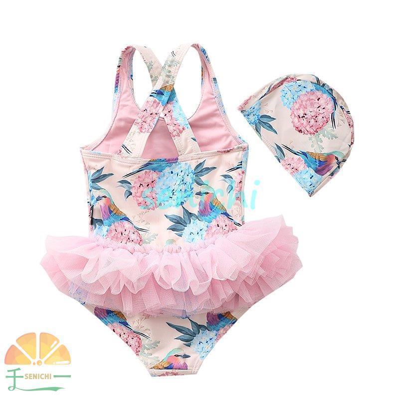 女の子 水着 ワンピース スイムウェア ベビー水着 ミズギ キッズ チュール ふわふわ 2点セット スイムキャップ付き 水着セパレート 子ども用 みずぎ 子供水着