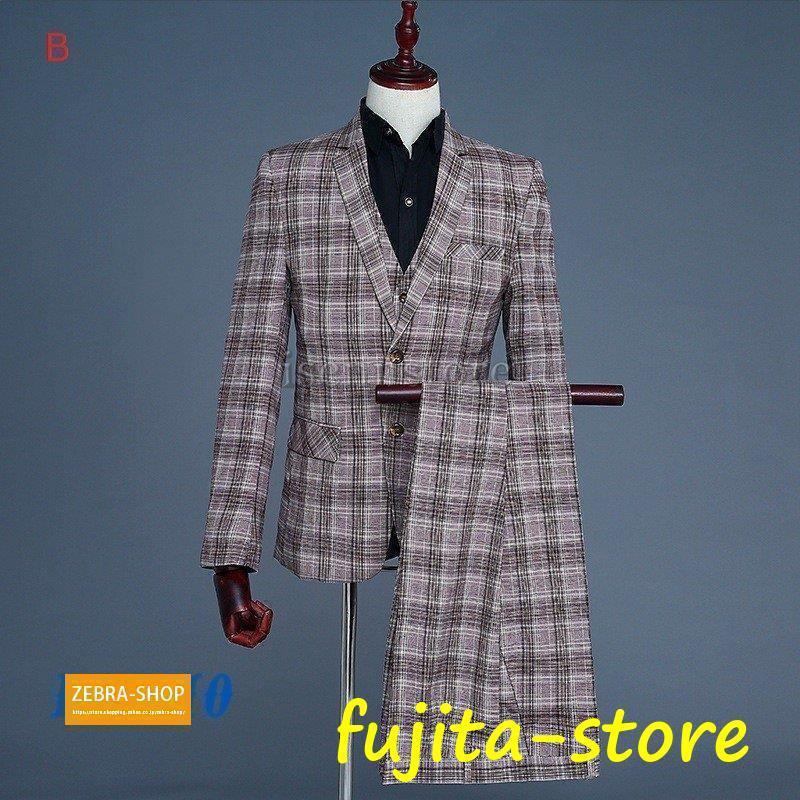 スーツ メンズ スリーピース スリム カジュアルスーツ チェック柄 ダブル 2つボタン 演出服 フォーマル 男性用スーツ 3点セット 司会者 撮影用