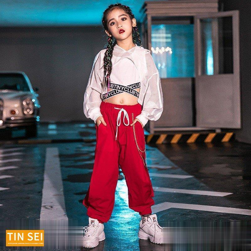 キッズ ダンス衣装 セットアップ HIPHOP 長袖 白 赤 トップス ズボン 女の子 チア ガールズ 子供服 ス..