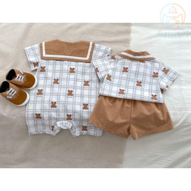 ベビー服 男の子 夏新作　クマセーラー半袖ロンパース、セットアップ春 デニム 赤ちゃん オーバーオール サロペット 女の子 ボトムス 出産祝い