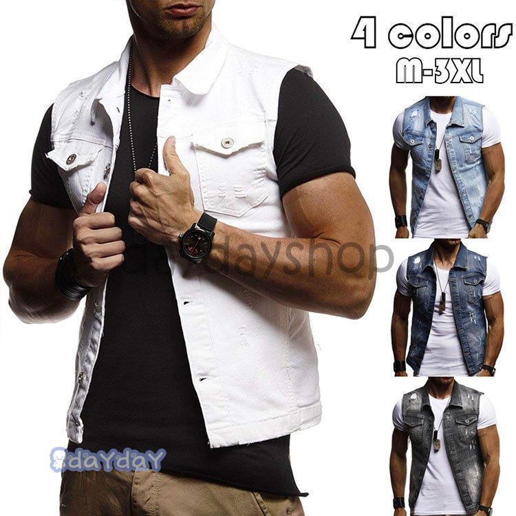 メンズデニムベスト 袖なしデニムブラウス お兄系デニムジャケット Gジャン チョッキ ライダースデニムアウター ダメージ加工 ノースリーブ 大きいサイズ 4色
