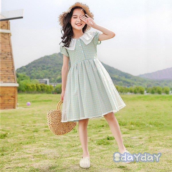 ワンピース キッズ 子供服 女の子 夏 キッズワンピース 半袖ワンピース 折り襟 チェック柄 夏服 チュニック 子供ドレス お姫様 おしゃれ カジュアル 可愛い 新品