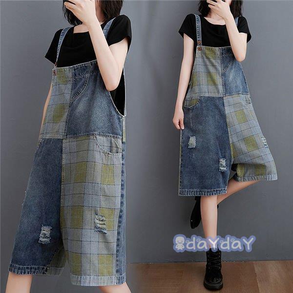 5分丈 オールインワン サロペット 大きいサイズ 大人 ゆったり 可愛い ワイドパンツ サロペットデニムパンツ 着やせ デニム 夏 レディース チェック柄