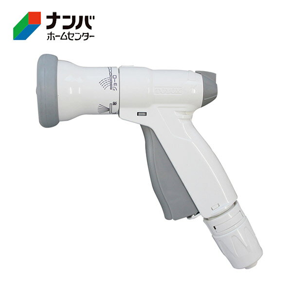 【仕様】 ●サイズ：W185×D60×H205（mm） ●用途：屋外散水 ●使用流体：水 ●材質：(プラスチック部)ABS・POM、(ゴム部)NBR・EPDM、(金属部)ステンレス ●適合ホース：内径(Φmm)12〜15,外径(Φmm)〜20 ●使用圧力(MPa[kgf/cm&sup2;])：0.1〜0.7[1〜7] ●耐熱温度（℃）：60 【商品の特長】 ●凍結割れに強い：内蔵のスポンジが氷の膨張を吸収するので、凍結割れに強い構造 ●スイッチハンドル：ハンドルを握るとロック、もう一度握ると解除のラクラク操作 ●6つの水形：拡散・直射・シャワー・ジョーロ・ストップ・水量調節 ●安心の2年間保証付きです。 【使用上の注意】 ●使用上の注意をよくお読みになりご使用下さい。