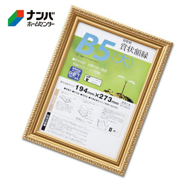 【仕様】 ●サイズ：B5（大） ●収納寸法：194×273mm ●額外寸法：243×322mm ●重量：305g ●吊カン(タテ・ヨコ) ●吊紐付き ●原産国：インドネシア 【材質】 ●フレーム：樹脂 ●前面：PET ●裏板：MDF 【商品の特長】 ●表賞状、許可証、免許証、卒業証書などにご利用になれます。 【使用上の注意】 ●使用上の注意をよくお読みになりご使用下さい。