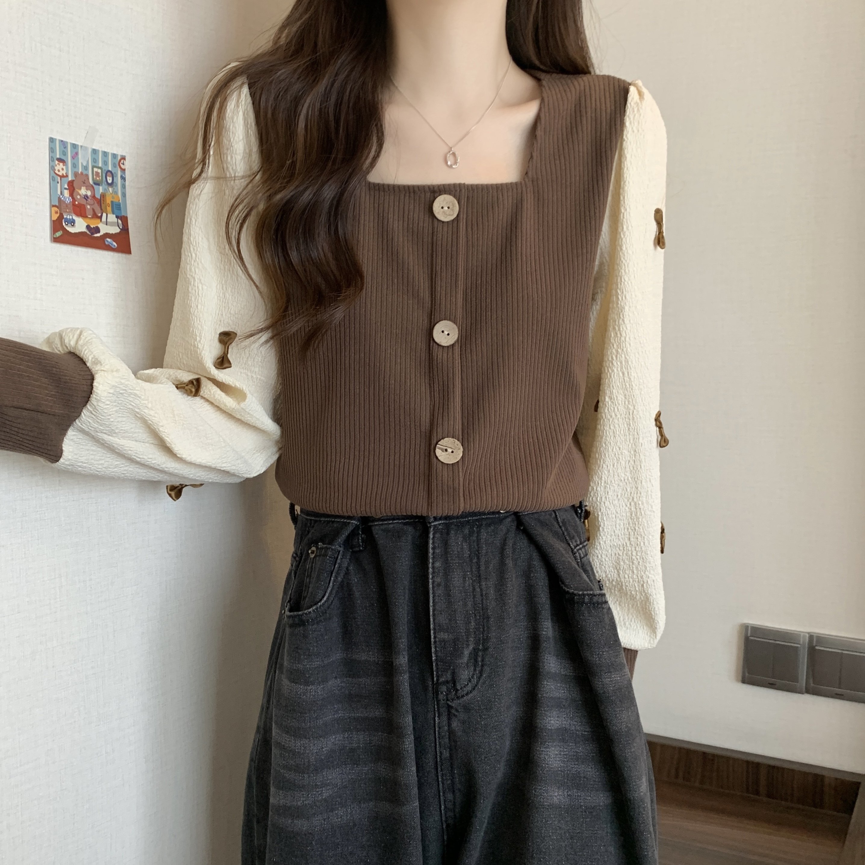 Other - 大人可愛い かわいい ドッキング バイカラー ボタン おしゃれ リボン スクエアネック 長袖 ブラウス シャツ トップス レディース