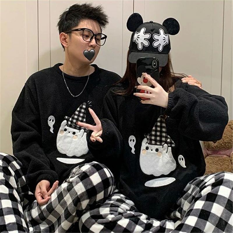 ペアパジャマ もこもこ 冬 男女2着 セット 厚手 裏起毛 アニメ かわいい uネック カップル パジャマ 秋冬 ルームウェア 可愛い