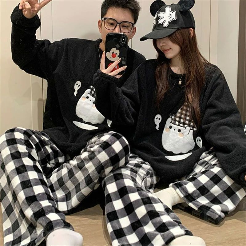 ペアパジャマ もこもこ 冬 男女2着 セット 厚手 裏起毛 アニメ かわいい uネック カップル パジャマ 秋冬 ルームウェア 可愛い