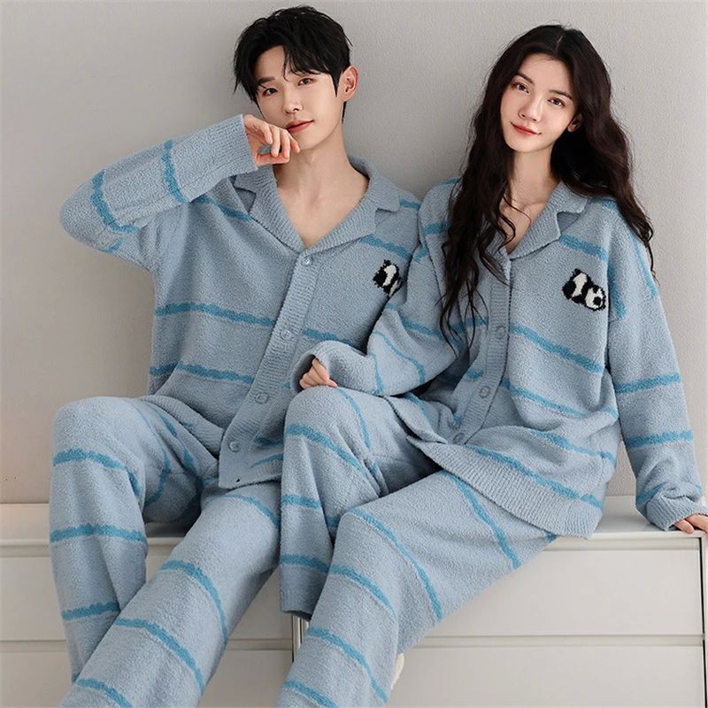 ペアパジャマ もこもこ 冬 男女2着 セット 厚手 カジュアル 防寒 ゆったり 前開き カップル パジャマ ..