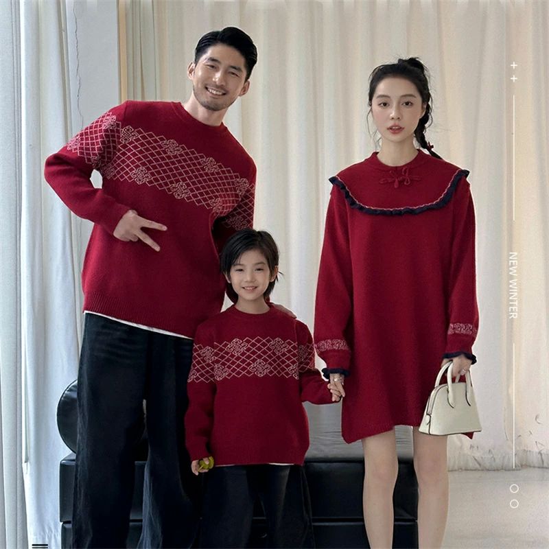 親子 ペアルック 赤ちゃん セーター uネック 赤 カットソー 親子ペアルック 春 秋 ニット トップス ゆ..