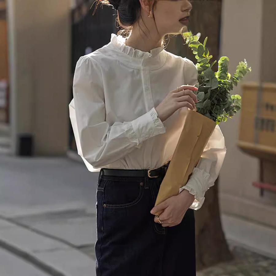 ブラウス フリル レディース かわいい 長袖 白 春夏 立ち襟
