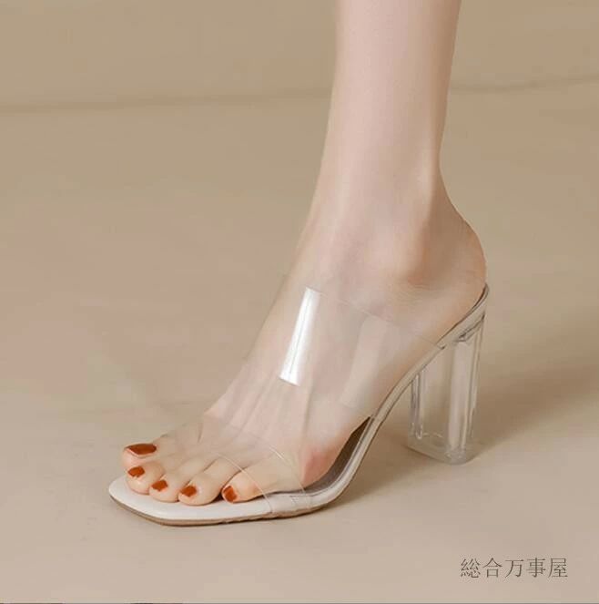 4cm/5cm/7cm/9cmヒール 美脚サンダル 太ヒール ミュール チャンキーヒール ベルト サンダル サンダル クリア クリアサンダル