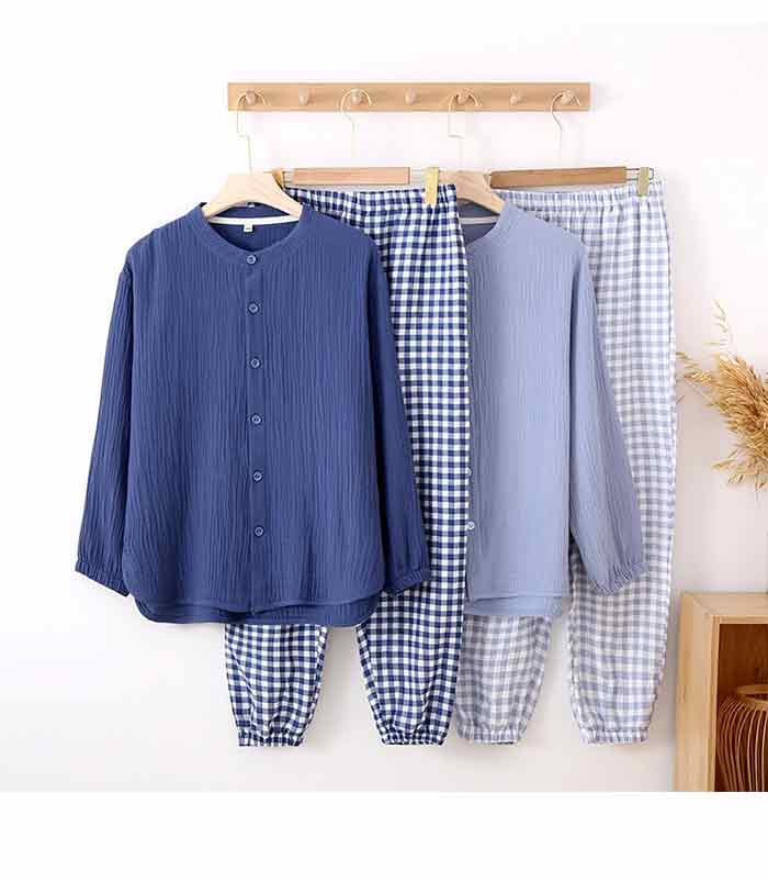 部屋着 ダブルガーゼ ガーゼ 長袖 前開き メンズ ナイトウエア 夏 パジャマ パジャマ 春 チェック柄 薄手 二重ガーゼ セッ 綿100