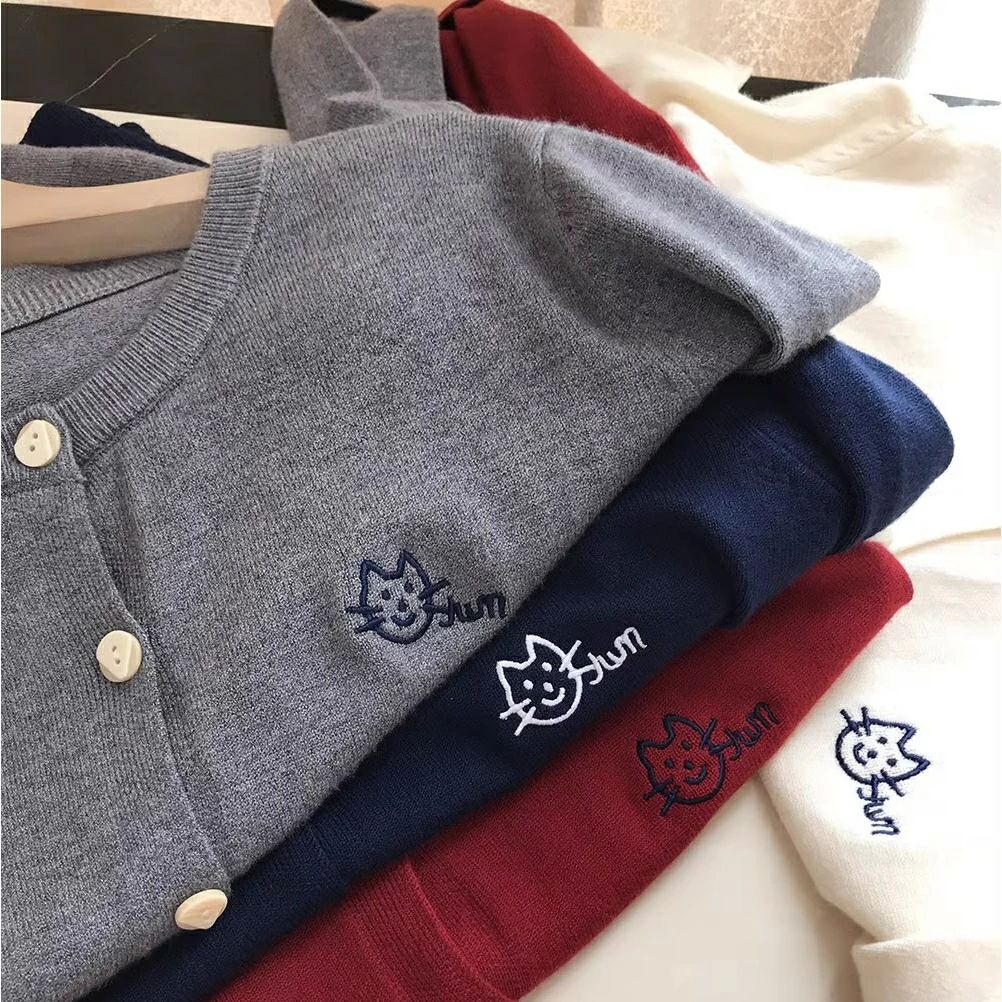 猫ちゃん刺繍カーデ カーディガン 猫 キャット ねこ ネコ ワンポイント ゆるカワ カーディガン カレッ..