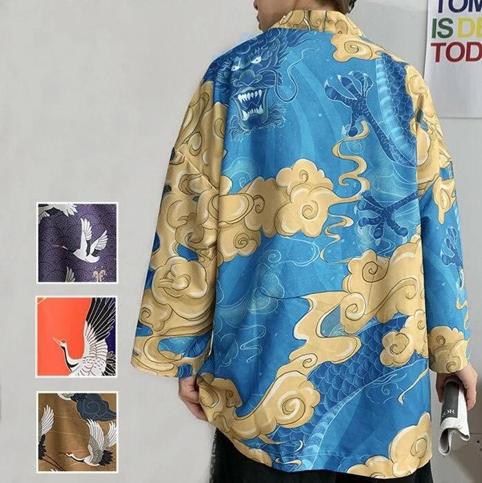 羽織 涼しい 和風 鶴柄 羽織 涼しい 夏祭り 甚平風 UVカット 着物 薄手 五分袖 甚平 羽織 花火大会 メンズ 夏服