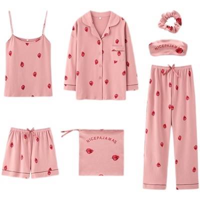 シュシュ 7点セット 長袖 巾着 パンツ キャミソール レディース 半袖 いちご柄 アイマスク 送料無 ロン..