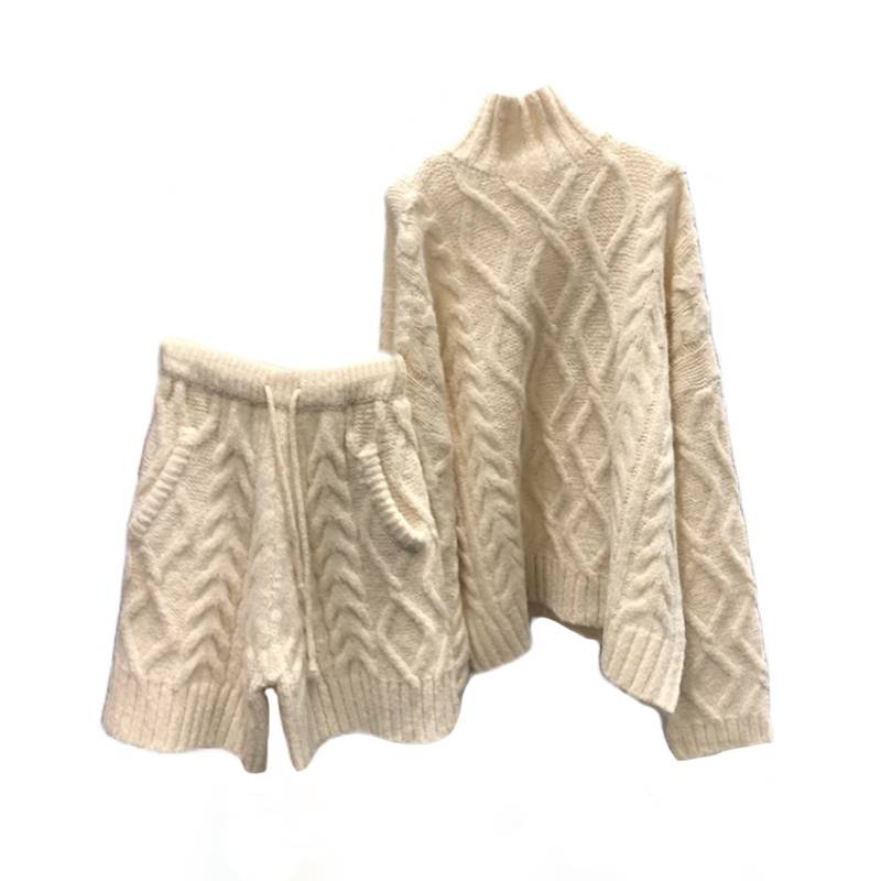 送料無料 リブ トップス 3色 ツーピース ニット ボトムス ケーブル編み 上下セット 2点セット ニットソ セットアップ レディース