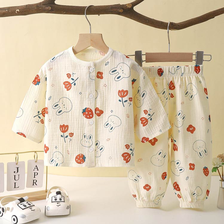 100 コットン ベビー 前開き ガー 140 キッズ 110 2重ガーゼ 子供服 長袖 上下セッ...