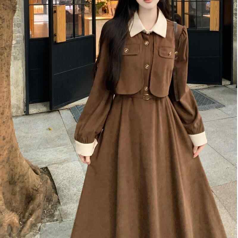 Rakuten - コルドロイ 大きいサイズ フェイクツ ロングドレス 秋冬 レディース ワンピース ポロ襟 腹部カバー フレンチスタイル スリム効果