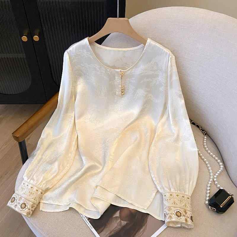 Rakuten - 普段使い インナー 華やか 長袖 トップス レディース シルク 軽量 コーディネート 刺繍 素材 ブラウス 春 中国風