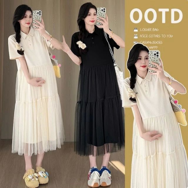 Occidental Goods - レデ マタニティワンピース ポロ衿 ポロシャツチュール切り替えティアードワンピース 胸元ロゴ ドッキングワンピース 半袖 全2色