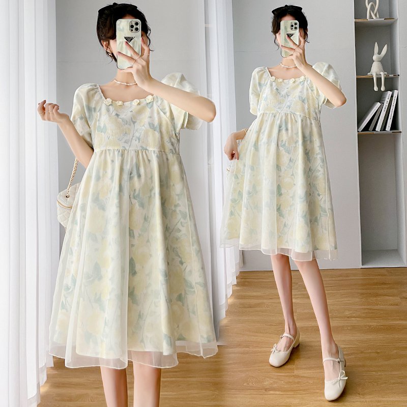 ふんわり パーティー 結婚 ドレス ワンピース 半袖 スクエアネック マタニティ 花柄 フォーマル M〜4XL チュールレース お呼ばれ