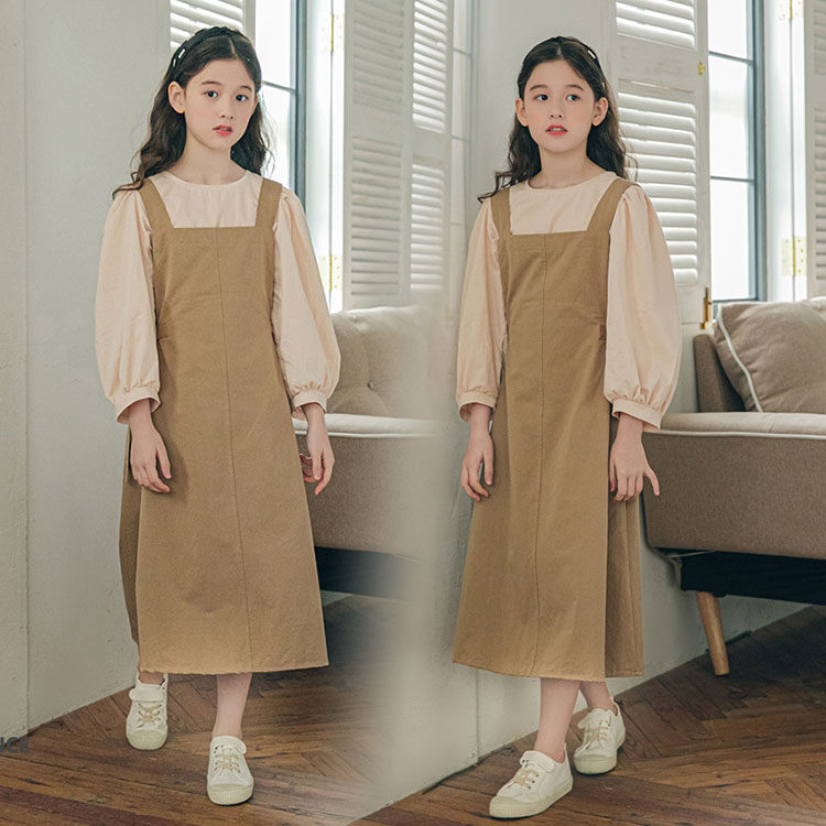 TZ-937 女の子 カジュアル お出かけ キッズ 120-170 オシャレ サロペットスカート+長袖 春秋 二点セット セットアップ 海 可愛い