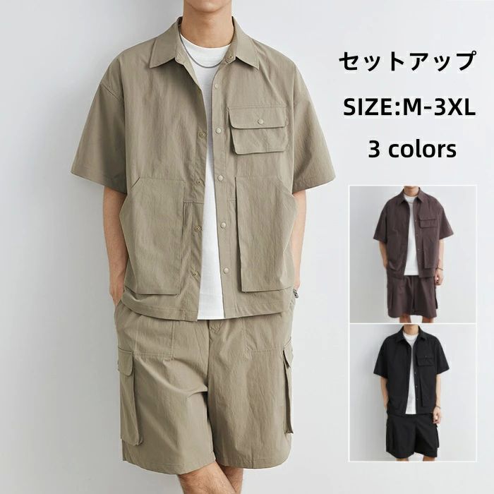 サマーセット 薄手 メンズセットアッ 清涼 ショートパンツ カジュア 半袖シャツ 通気 セットアップ ハ..