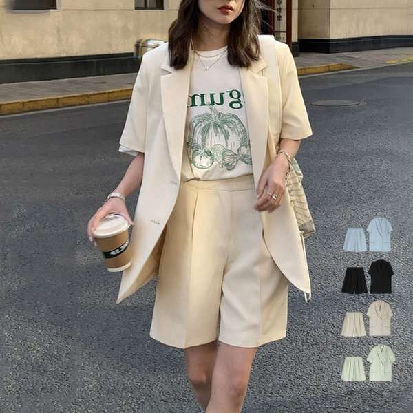 2点セ ハーフパンツ セットアップ 薄手テーラードジャケット レディース 韓国アンサンブル 春夏ライトアウター 大人カジュアル
