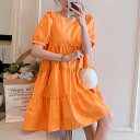 レディース Aライン 丸首 切 クルーネック ショート丈 フレア ひざ上 襟なし 夏 ワンピース 半袖 ぽわん袖 春 ティアード 個性的