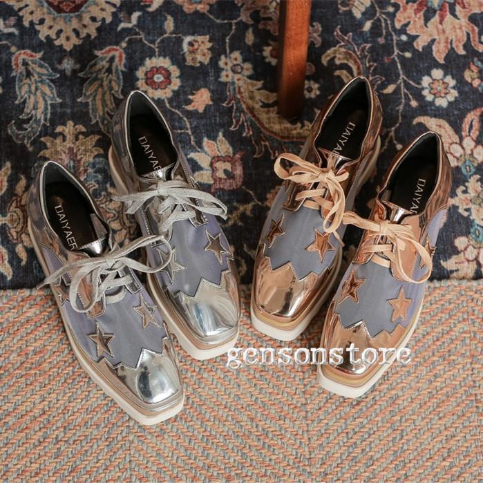 新作 おじ靴 通 メッシュ オックスフォード シューズ レースアップシューズ カジュアル 星柄 厚底 レディース スクエアトゥ 通勤