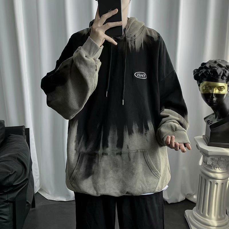 メンズダイ柄パーカー夏長袖トップスゆるい原宿系韓国ファッションヒップホップBF風ストリート風ダンス