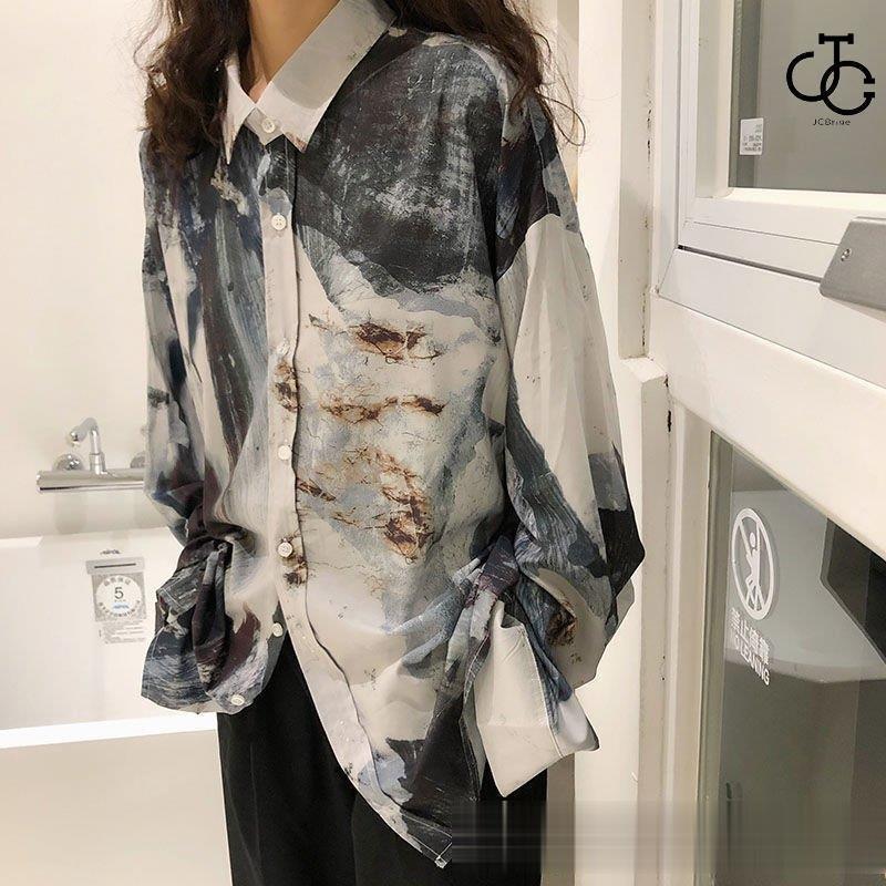 トップス 長袖 オーバーサイズ 総柄 ダンス アート 柄シャツ 衣装 コスチューム アースカラー ヒップホ..