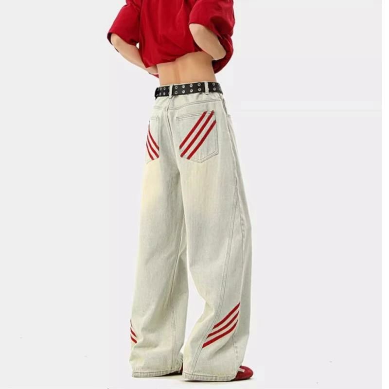 ジーンズ メンズ 個性的 かっこいい デニムパンツ 目立つ 韓国系 ズボン ボトムス ワイド 男性用 ブルー 切り替え レッドライン