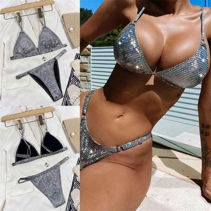 ビキニ セクシー ブラジリアン 水着 レディース キラキラ グリッター 三角ビキニ 紐 かっこいい マイクロビキニ メタリック シル