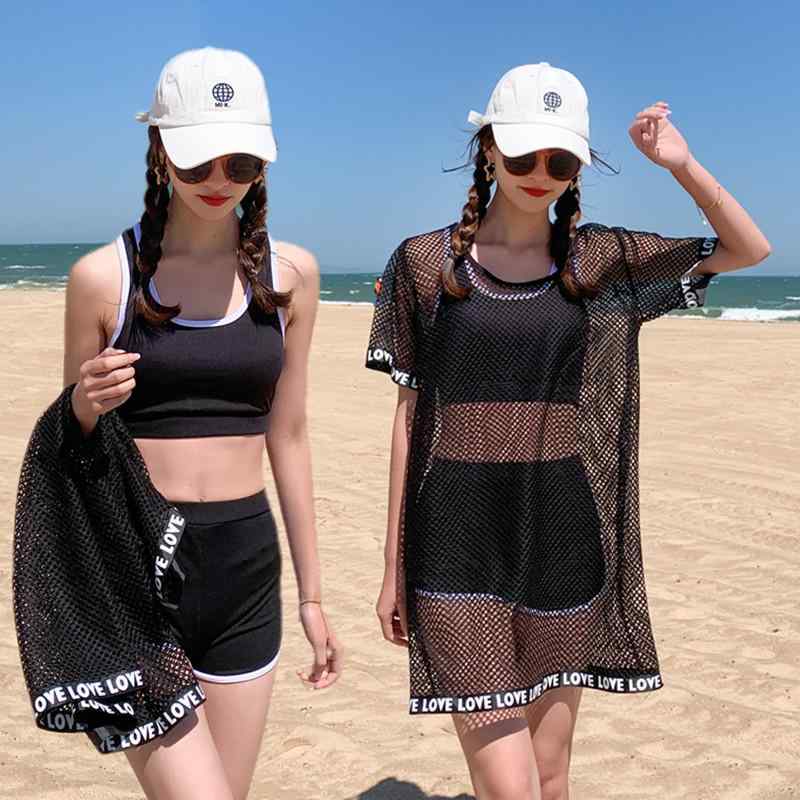 タンキニ 水着 tシャツ 3点セット 黒 白 韓国系 かっこいい メッシュ 透け感 ビキニ スポーティー 韓国系 レディース 体型カバー