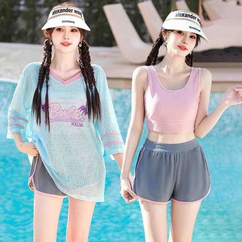 タンキニ 水着 Tシャツ 3点セット 可愛い 紫 パープル 青 ブルー パステル キュート ユニフォーム風 韓国系 ビキニ ハイウエスト