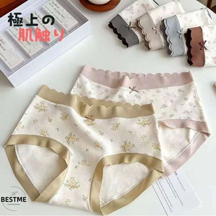 3枚セット 綿 着心地がいい コットン シ 花 くすみカラー ツートン ショーツ 可愛い リボン レディース..