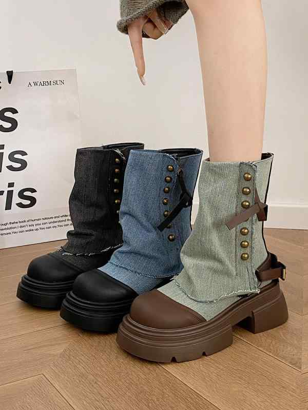 デニムブーツ かっこいい 個性的 厚底 ミドルブーツ 切りっぱなし デニム 韓国系 ロック アメリカン スタッズ バイカラー ブルー