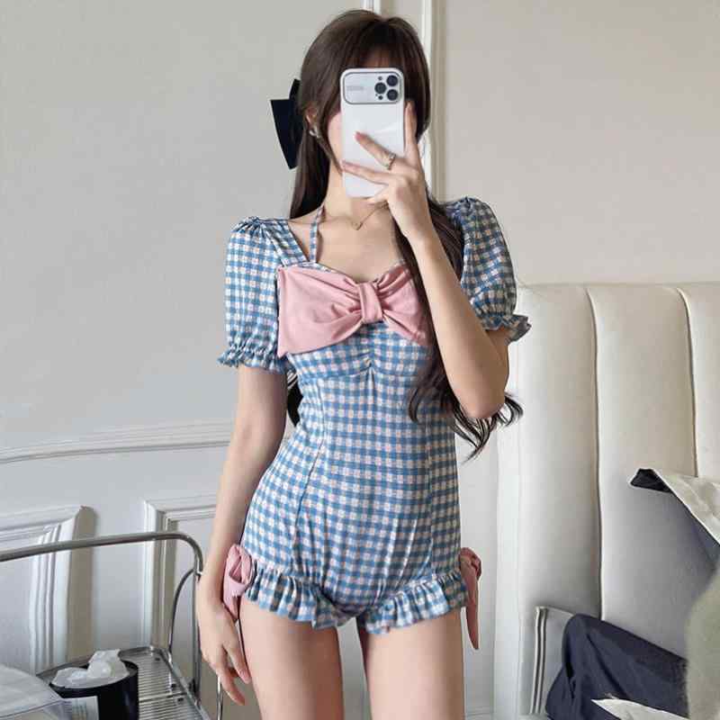 ワンピース 水着 ギンガムチェック 可愛い リボン ガーリー 韓国 個性的 ワンピ水着 レディース チェック柄 フリル バイカラー