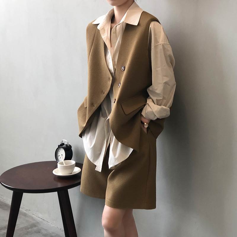 セットアップ レディース 2点セット 上下セット ベスト ジレ 前開き ボタン 襟なし Vネック ショートパ..