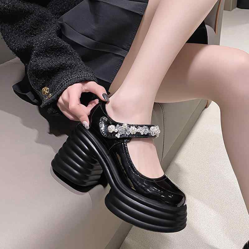 8cm 超厚底 ローファー パンプス フレンチレトロ 可愛い ガーリー ロリータ お嬢様 コスプレ 革靴 レディース 黒 白 光沢 エナメ(4)